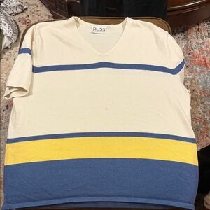Russ Men's V-Neck Sweater with Cream, Blue, and Yellow Stripes
